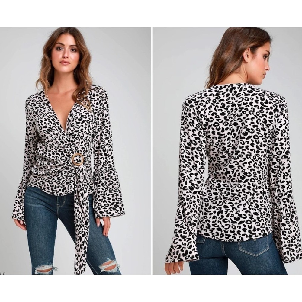Lulus Leopard Print Long Bell Sleeve Wrap Top Blouse Small